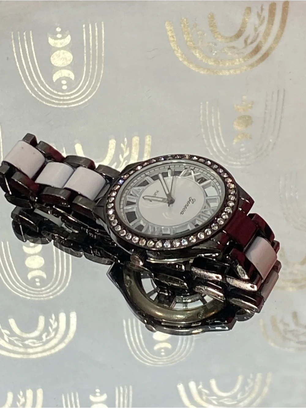 Geneva Black and White Link Bracelet Watch with Crystal Bezel